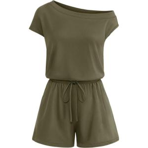 MEROKEETY Rompers for Women 2026 Summer Off The Shoulder Sleeveless Casual Beach Vacation Jumpsuits with Pockets(Army Green)