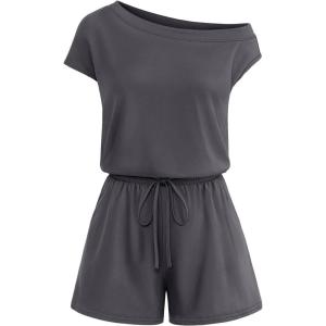 MEROKEETY Rompers for Women 2026 Summer Off The Shoulder Sleeveless Casual Beach Vacation Jumpsuits with Pockets(Dark Grey)