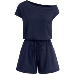 MEROKEETY Rompers for Women 2026 Summer Off The Shoulder Sleeveless Casual Beach Vacation Jumpsuits with Pockets(Navy)
