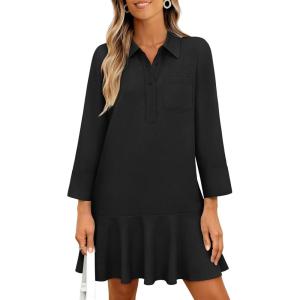 MEROKEETY Women’s 2025 Fall 3/4 Sleeve Shirt Dress Casual Button Down Shift Pleated Midi Dresses with Pockets(Black)