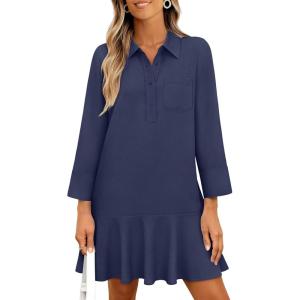 MEROKEETY Women’s 2025 Fall 3/4 Sleeve Shirt Dress Casual Button Down Shift Pleated Midi Dresses with Pockets(Navy)
