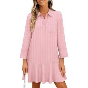 MEROKEETY Women’s 2025 Fall 3/4 Sleeve Shirt Dress Casual Button Down Shift Pleated Midi Dresses with Pockets(Striped Pink)