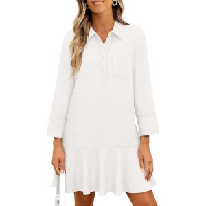 MEROKEETY Women’s 2025 Fall 3/4 Sleeve Shirt Dress Casual Button Down Shift Pleated Midi Dresses with Pockets(White)