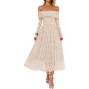 MEROKEETY Women’s 2025 Fall Long Sleeve Floral Midi Dress Off Shoulder Wedding Guest Formal Long Flowy Dresses(Apricot)