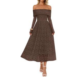 MEROKEETY Women’s 2025 Fall Long Sleeve Floral Midi Dress Off Shoulder Wedding Guest Formal Long Flowy Dresses(Coffee)