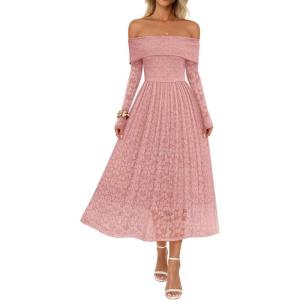 MEROKEETY Women’s 2025 Fall Long Sleeve Floral Midi Dress Off Shoulder Wedding Guest Formal Long Flowy Dresses(Pink)