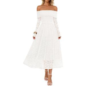 MEROKEETY Women’s 2025 Fall Long Sleeve Floral Midi Dress Off Shoulder Wedding Guest Formal Long Flowy Dresses(White)