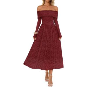 MEROKEETY Women’s 2025 Fall Long Sleeve Floral Midi Dress Off Shoulder Wedding Guest Formal Long Flowy Dresses(Wine Red)