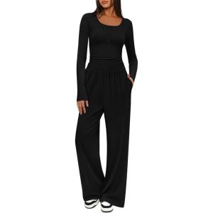 MEROKEETY Women’s 2025 Fall Two Piece Airport Outfits Lounge Sets Henley Shirts Wide Leg Pants Matching Sets(Black)