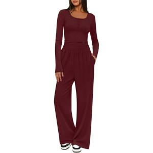 MEROKEETY Women’s 2025 Fall Two Piece Airport Outfits Lounge Sets Henley Shirts Wide Leg Pants Matching Sets(Wine Red)