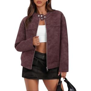 MEROKEETY Women’s 2025 Faux Suede Bomber Jackets Trendy Long Sleeve Zip Up Fall Winter Coat Outerwear(Wine)