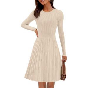 MEROKEETY Women’s 2025 Long Sleeve Mini Sweater Dress Crewneck Ribbed Knit A Line Pleated Swing Short Dresses(Apricot)