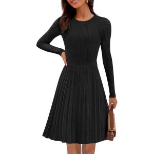MEROKEETY Women’s 2025 Long Sleeve Mini Sweater Dress Crewneck Ribbed Knit A Line Pleated Swing Short Dresses(Black)