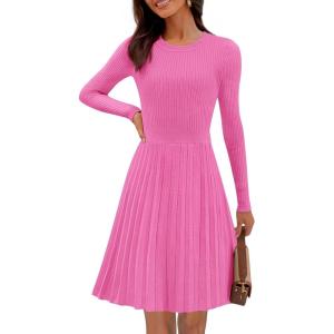MEROKEETY Women’s 2025 Long Sleeve Mini Sweater Dress Crewneck Ribbed Knit A Line Pleated Swing Short Dresses(Hotpink)