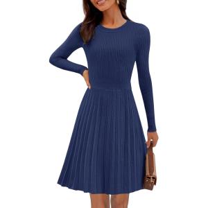 MEROKEETY Women’s 2025 Long Sleeve Mini Sweater Dress Crewneck Ribbed Knit A Line Pleated Swing Short Dresses(Navy)
