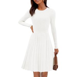 MEROKEETY Women’s 2025 Long Sleeve Mini Sweater Dress Crewneck Ribbed Knit A Line Pleated Swing Short Dresses(White)