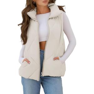 MEROKEETY Womens 2025 Puffer Vest Sleeveless Zip Up Quilted Coat Stand Collar Gilet Jacket With Pockets(Beige)