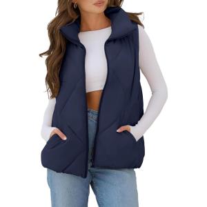 MEROKEETY Womens 2025 Puffer Vest Sleeveless Zip Up Quilted Coat Stand Collar Gilet Jacket With Pockets(Navy)