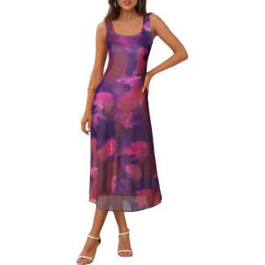MEROKEETY Women’s 2025 Summer Floral Midi Dress Casual Flowy Mesh Boho Vacation Beach Sundress(Plum)