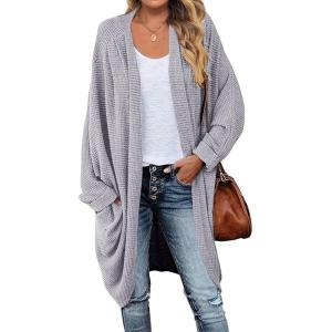 MEROKEETY Women’s 2026 Fall Waffle Knit Batwing Long Sleeve Cardigan Loose Open Front Sweater Coat(Light Grey)