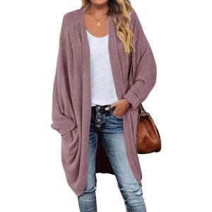 MEROKEETY Women’s 2026 Fall Waffle Knit Batwing Long Sleeve Cardigan Loose Open Front Sweater Coat(Taro)