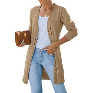 MEROKEETY Women’s 2026 Spring Long Sleeve Cardigan Sweater Lightweight Snap Button Down Open Front Casual Outfit(Khaki)