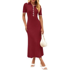 MEROKEETY Women’s 2026 Spring Ribbed Maxi Dress Summer V Neck Button Short Sleeve Slim Fit Bodycon Knit Sweater Dresses(Wine)