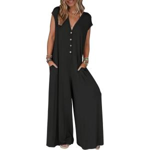 MEROKEETY Women’s 2026 Summer Cap Sleeve Jumpsuits Dressy Casual Deep V Neck Button Onesie Wide Leg Pants Rompers(Black)