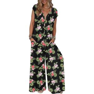 MEROKEETY Women’s 2026 Summer Cap Sleeve Jumpsuits Dressy Casual Deep V Neck Button Onesie Wide Leg Pants Rompers(Blackfloral)