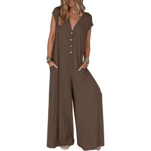 MEROKEETY Women’s 2026 Summer Cap Sleeve Jumpsuits Dressy Casual Deep V Neck Button Onesie Wide Leg Pants Rompers(Coffee)
