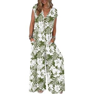 MEROKEETY Women’s 2026 Summer Cap Sleeve Jumpsuits Dressy Casual Deep V Neck Button Onesie Wide Leg Pants Rompers(Greenfloral)