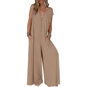 MEROKEETY Women’s 2026 Summer Cap Sleeve Jumpsuits Dressy Casual Deep V Neck Button Onesie Wide Leg Pants Rompers(Khaki)