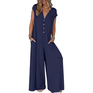 MEROKEETY Women’s 2026 Summer Cap Sleeve Jumpsuits Dressy Casual Deep V Neck Button Onesie Wide Leg Pants Rompers(Navy)