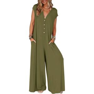MEROKEETY Women’s 2026 Summer Cap Sleeve Jumpsuits Dressy Casual Deep V Neck Button Onesie Wide Leg Pants Rompers(Olive)