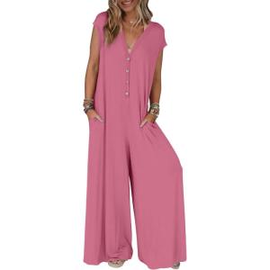 MEROKEETY Women’s 2026 Summer Cap Sleeve Jumpsuits Dressy Casual Deep V Neck Button Onesie Wide Leg Pants Rompers(Pink)