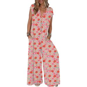 MEROKEETY Women’s 2026 Summer Cap Sleeve Jumpsuits Dressy Casual Deep V Neck Button Onesie Wide Leg Pants Rompers(Redfloral)
