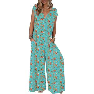 MEROKEETY Women’s 2026 Summer Cap Sleeve Jumpsuits Dressy Casual Deep V Neck Button Onesie Wide Leg Pants Rompers(Sagefloral)