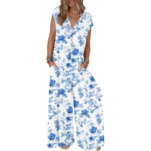 MEROKEETY Women’s 2026 Summer Cap Sleeve Jumpsuits Dressy Casual Deep V Neck Button Onesie Wide Leg Pants Rompers(White Blue)