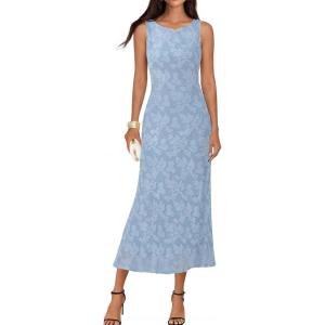 MEROKEETY Womens 2026 Summer Floral Maxi Dress Sleeveless Tie Waist Elegant Bodycon Wedding Guest Vacation Party Long Dresses(Blue)