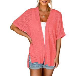 MEROKEETY Women’s 2026 Summer Lightweight Kimono Cardigan Short Sleeve Open Front Casual Loose Trendy Beach Cover Ups(Coral)