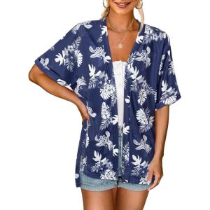 MEROKEETY Women’s 2026 Summer Lightweight Kimono Cardigan Short Sleeve Open Front Casual Loose Trendy Beach Cover Ups(Floralnavy)