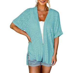 MEROKEETY Women’s 2026 Summer Lightweight Kimono Cardigan Short Sleeve Open Front Casual Loose Trendy Beach Cover Ups(Lake Blue)