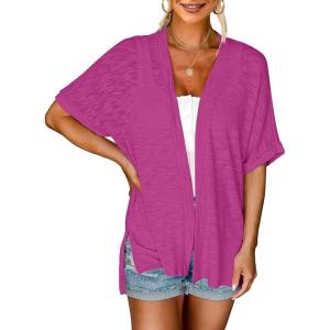 MEROKEETY Women’s 2026 Summer Lightweight Kimono Cardigan Short Sleeve Open Front Casual Loose Trendy Beach Cover Ups(Magenta)