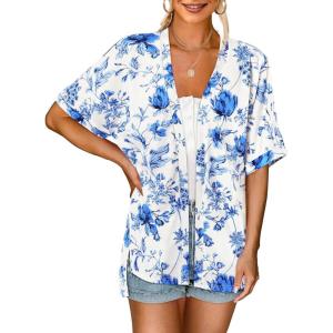 MEROKEETY Women’s 2026 Summer Lightweight Kimono Cardigan Short Sleeve Open Front Casual Loose Trendy Beach Cover Ups(White Blue)