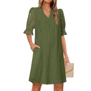 MEROKEETY Women’s 2026 Summer Short Sleeve Mini Dress V Neck Ruffle Hollow Out Eyelet Lace Dresses(Armygreen)