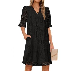 MEROKEETY Women’s 2026 Summer Short Sleeve Mini Dress V Neck Ruffle Hollow Out Eyelet Lace Dresses(Black)