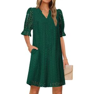 MEROKEETY Women’s 2026 Summer Short Sleeve Mini Dress V Neck Ruffle Hollow Out Eyelet Lace Dresses(Dark Green)
