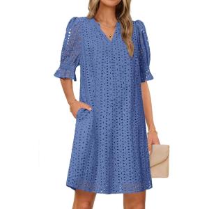 MEROKEETY Women’s 2026 Summer Short Sleeve Mini Dress V Neck Ruffle Hollow Out Eyelet Lace Dresses(Dusty Blue)