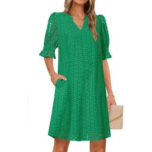 MEROKEETY Women’s 2026 Summer Short Sleeve Mini Dress V Neck Ruffle Hollow Out Eyelet Lace Dresses(Green)