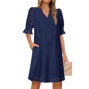 MEROKEETY Women’s 2026 Summer Short Sleeve Mini Dress V Neck Ruffle Hollow Out Eyelet Lace Dresses(Navy)